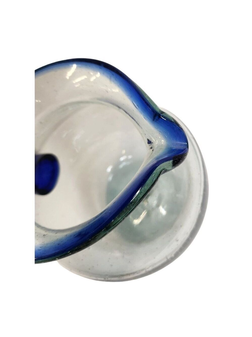 Artisan Handblown Glass Pitcher with Cobalt Blue Handle and Rim - Picture 7 of 10